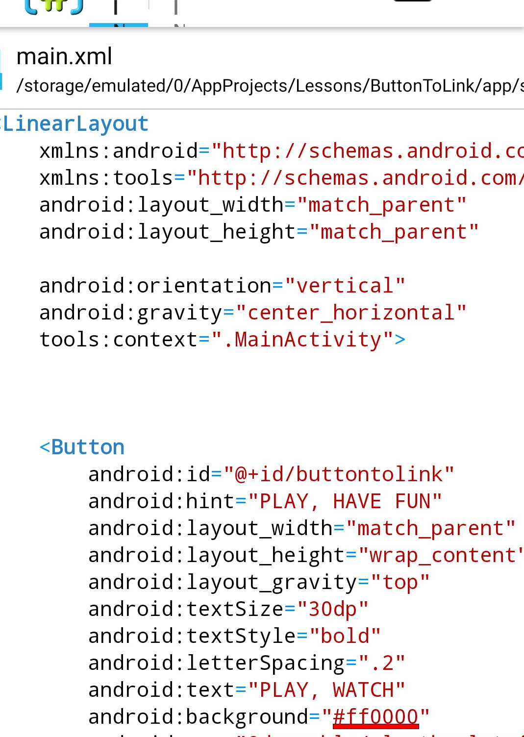 button code at layout of main.xml, uri parse android example