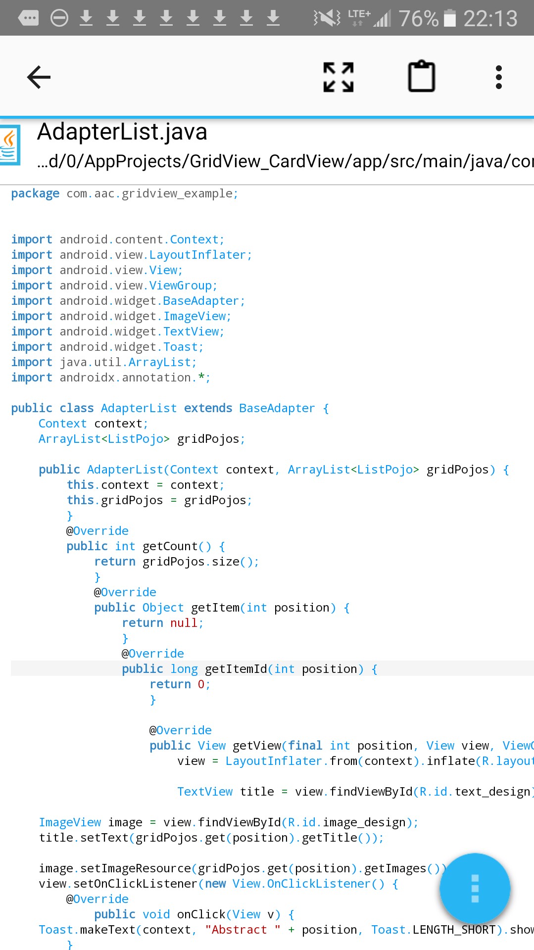 Android Tutorial, Gridview Cardview with Adapter List